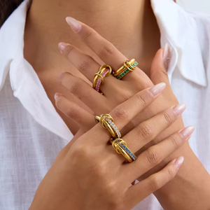 18K Gold Plated Interlocking Double Ring – Sweet Romantic Spinel Stainless Steel Band